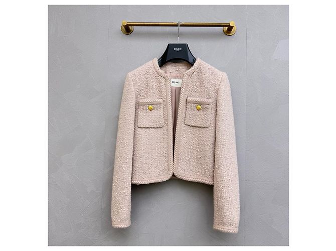 Giacca Céline in Lana Rosa con Monogramma e Bottoni Dorati Multicolore