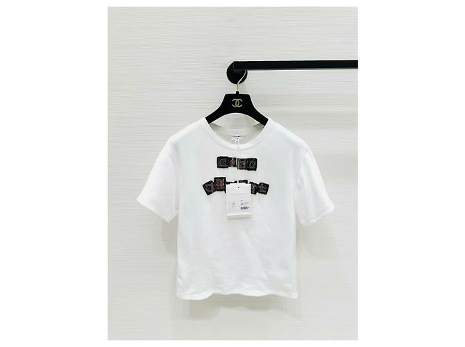 Top Chanel de algodão de manga curta com detalhe bordado Multicor