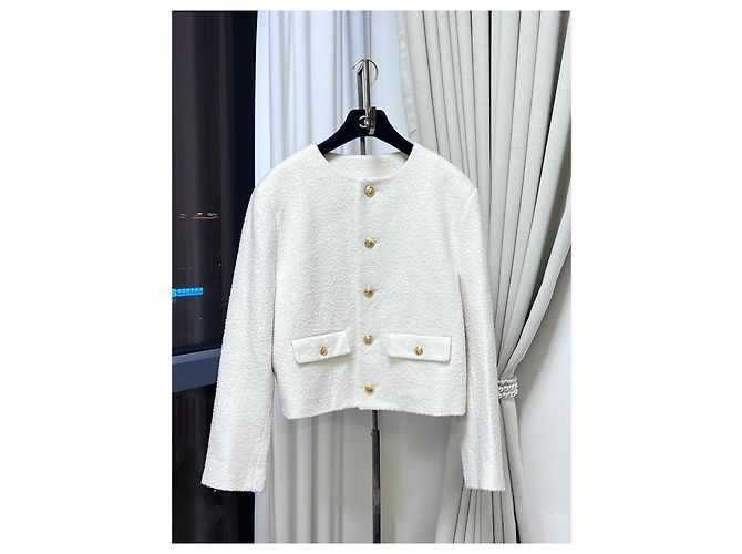 Céline White Tweed Jacket with Gold Buttons Size 40 Multiple colors