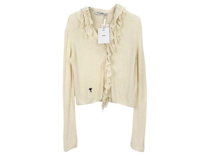 Autre Marque Dior Strickjacke aus weißem Leinen mit Rüschenbesatz Mehrfarben