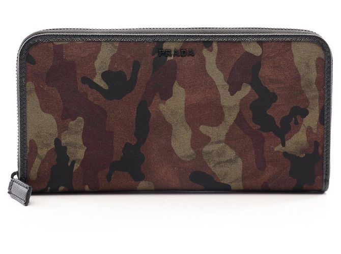 Saffiano Prada TESSUTO ST.CAMO Camouflage Round Long Wallet Brown Black Khaki