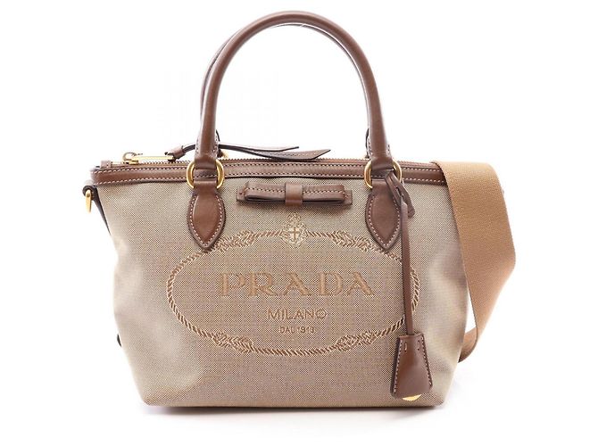 Prada LOGO JACQUARD 2-Way Handtasche Braun Beige