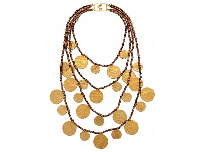 Kenneth Jay Lane mehrreihige Perlenkette mit goldfarbenen Münzen Golden