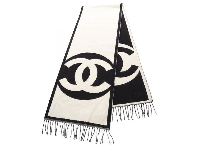 Chanel Coco Mark Kaschmir-Schal Schwarz Weiß