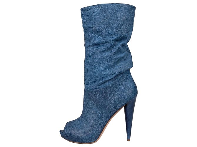 NWB Alexander McQueen Blue Leather Wedge Open Toe Boots Sz.39,5 Pre-owned