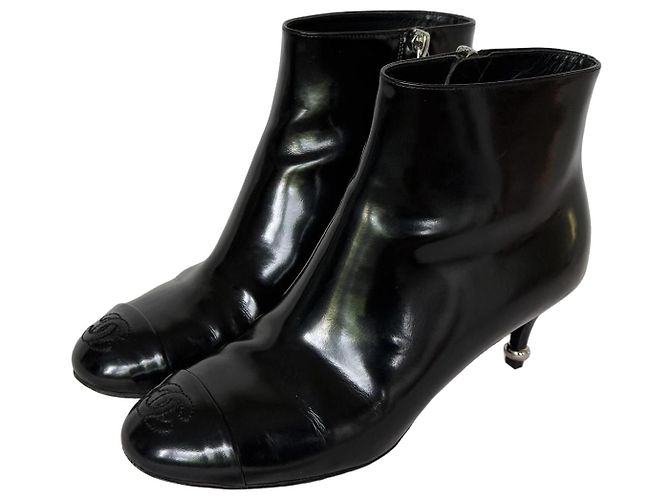 Chanel Black Patent Leather Cap Toe Ankle Boots
