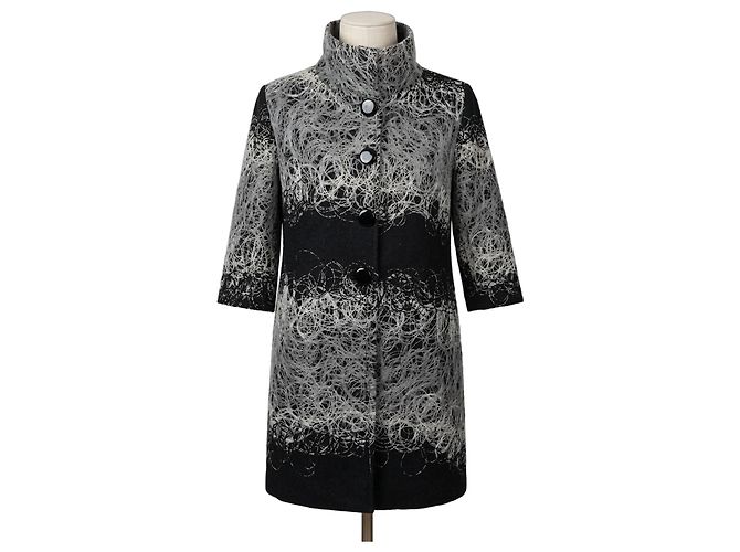Anna Sui Abstract Print Wool Blend Coat Black White Grey