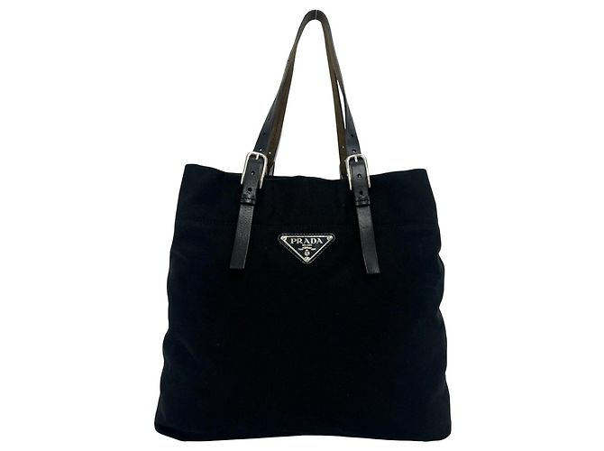 Prada Triangle Logo Hardware Canvas Leather Genuine Tote Bag Black
