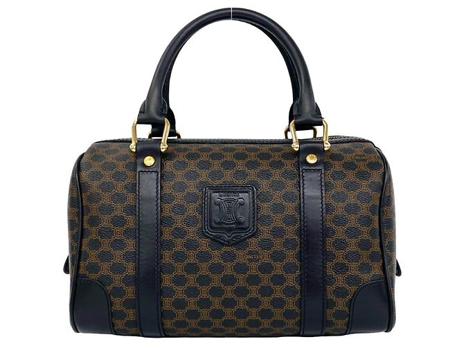 16 Céline Celine Vintage Macadam Blazon Logo Pattern Leather Mini Boston Bag Brown Black