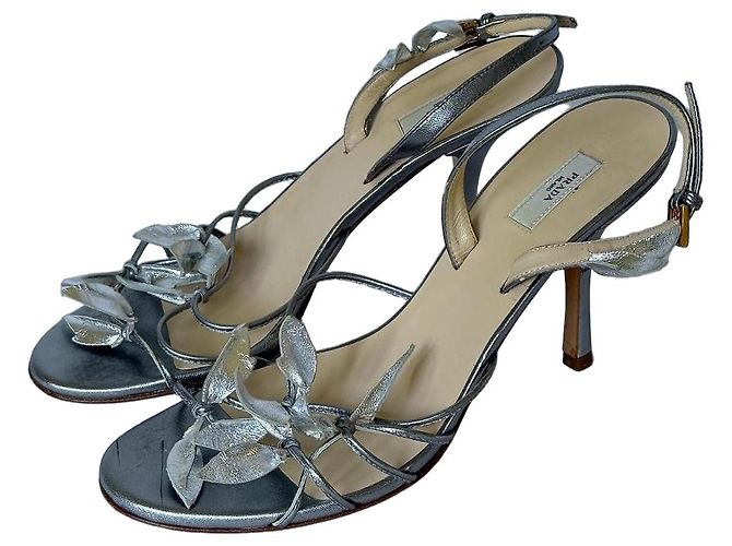Prada Silver Metallic Leather Flower Embellished Strappy Heels Silvery
