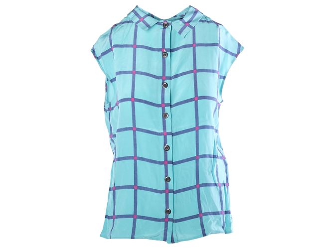 Camisa sem mangas em seda xadrez turquesa Prada – '00s Multicor