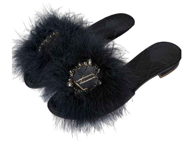 Louis Vuitton Marabou Crystal LV Feathers Marilyn Mule Slip On Sandals Nero