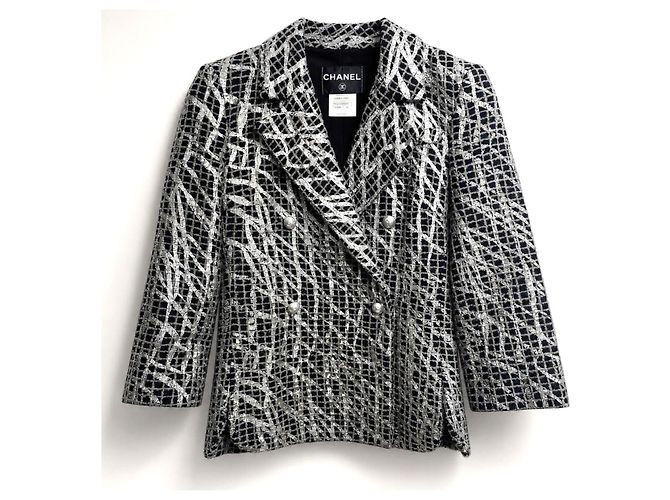Chanel 12P Silver Metallic Graffiti Double Breasted Jacket Black FR 36 Silvery