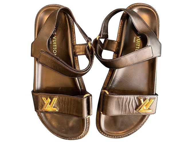 Louis Vuitton Black Leather Flip-Flops with LV Logo
