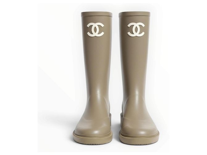 Chanel CC Rubber Rain Boots Beige