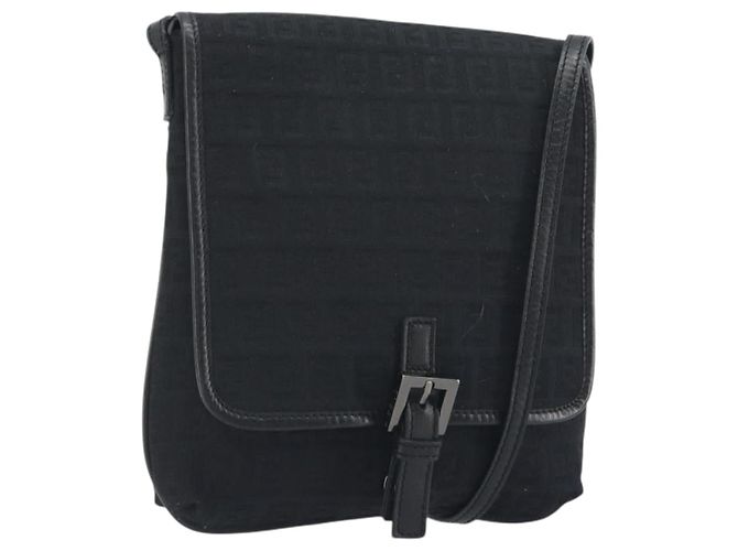 FENDI Zucchino Canvas Shoulder Bag Black Silver