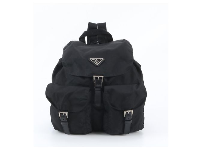 Prada Tessuto Nylon Triangle Logo Leather Backpack Black