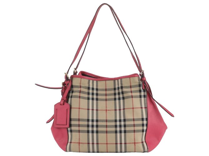 Saco Tote de Ombro Burberry Nova Check em Couro e Lona Rosa Bege