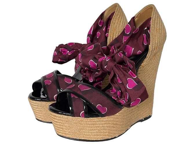 Sandali espadrillas con zeppa Gucci in seta con stampa a cuore e lacci Rosa Bordò Paglia