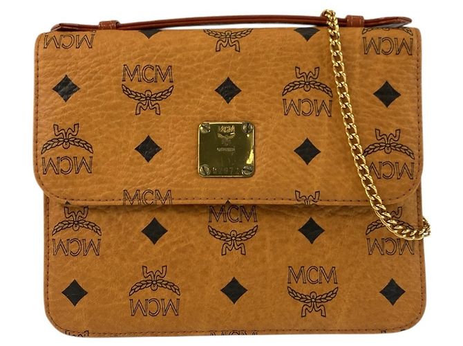 Bolsa de Ombro com Corrente em Couro Marrom MCM Visetos Logogram