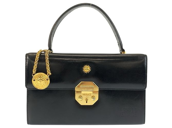 Versace Sunburst Handtasche aus schwarzem Lackleder