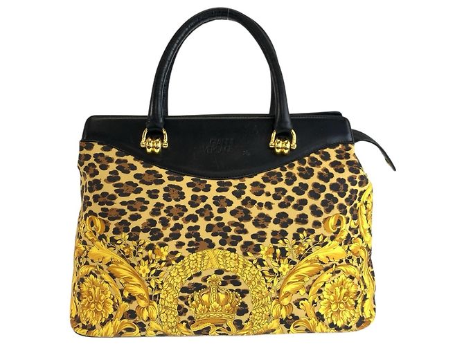 Versace Leopard Print Tote Bag Black Yellow