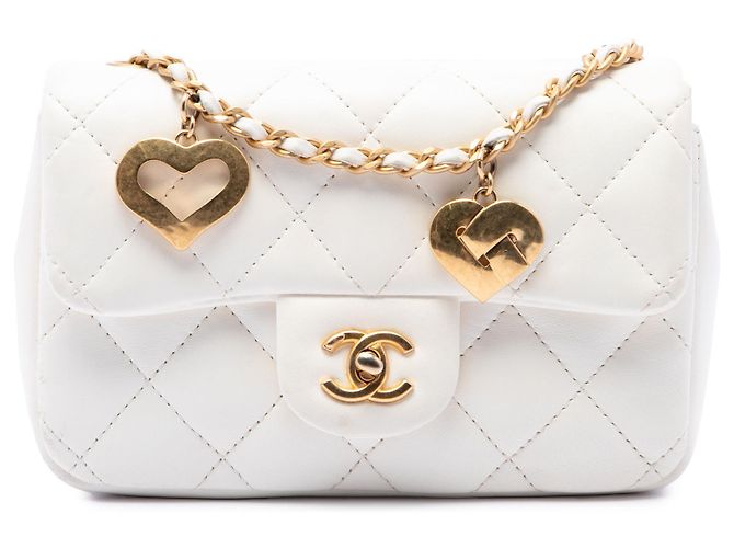 Chanel White Mini Rectangular Quilted Lambskin Heart Charms Flap Blanc