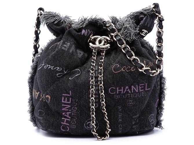 Borsa a secchiello Chanel Gray Small Denim Mood con catena Marrone Grigio antracite