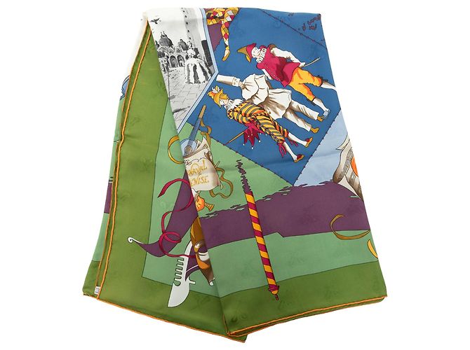 Lenço de seda Hermès Green Le Carnaval De Venise 90 Verde Verde oliva