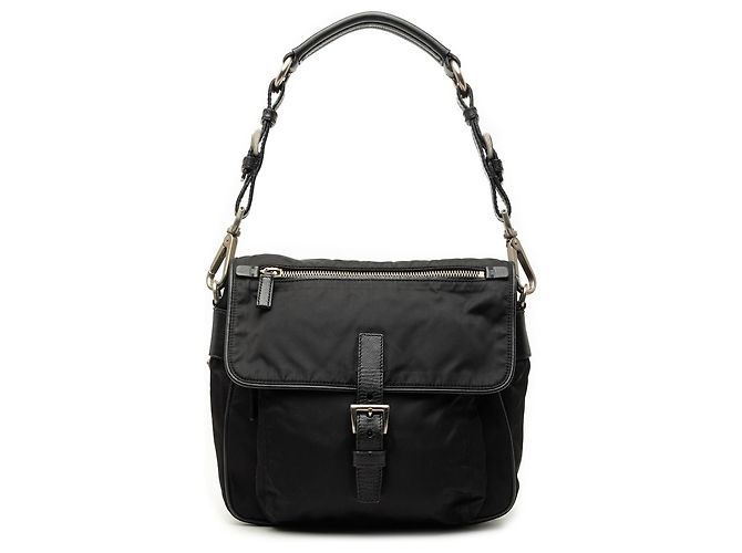 Bolsa de Ombro Prada em Tessuto com Acabamento em Saffiano Preto