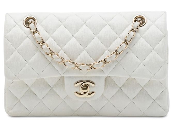 Chanel White Small Classic Caviar Double Flap Branco Fora de branco