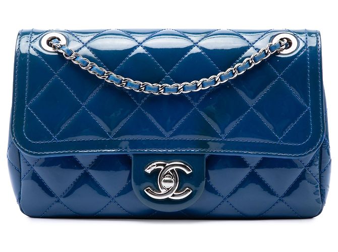 Chanel Blue Small Quilted Patent Coco Shine Flap Bleu