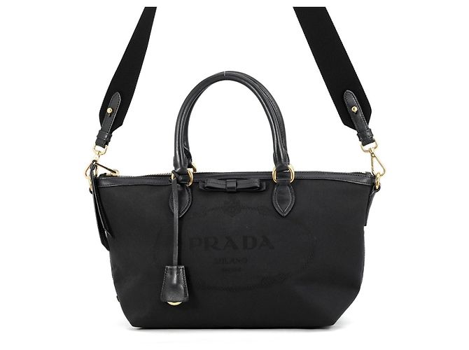 Bolsa de mão Prada preta em couro e tela jacquard Preto