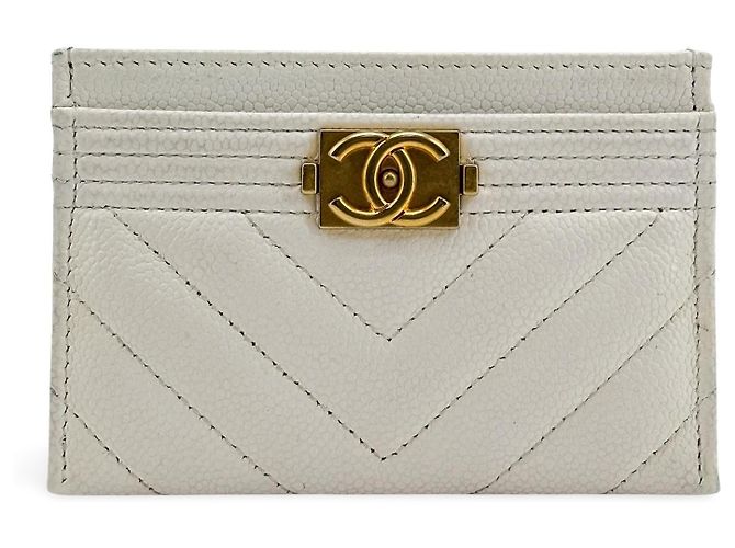 Chanel Boy Kartenetui Chevron Caviar Weiß