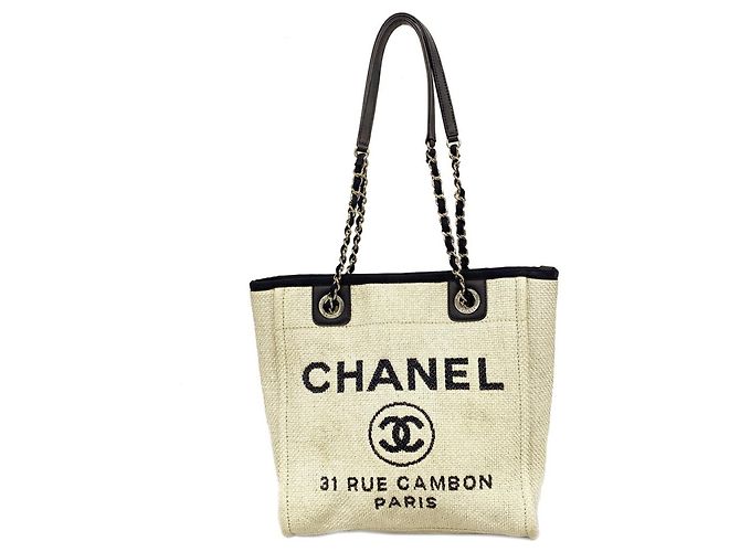 Chanel Deauville Raffia Chain Tote Bag Roh Marineblau
