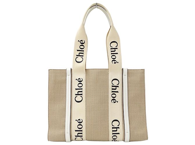 Chloé Woody Medium Canvas Handbag Beige Khaki