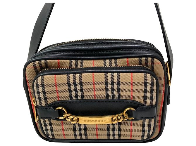 Bolsa de Ombro Burberry em Lona de Algodão e Couro Nova Check com Corrente Preto Bege