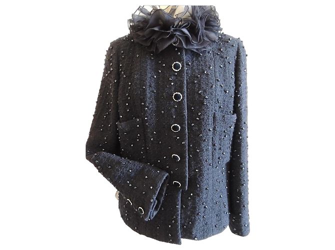 Chanel Giacca Tweed Nero Strass Perle Taglia 44