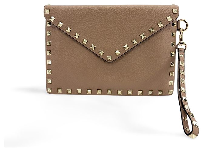 Valentino Garavani Rockstud Envelope Wristlet Clutch Leather Small Beige