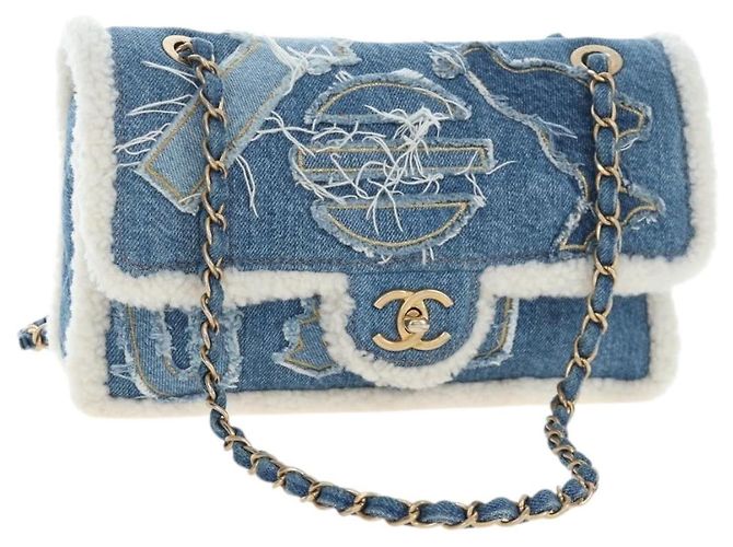 Borsa a tracolla con catena CHANEL Denim Blue Gold CC Auth 204897SM D'oro
