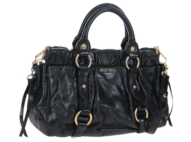 Miu Miu Hand Bag Vitellolux 2way Black Gold Auth 205943V Golden