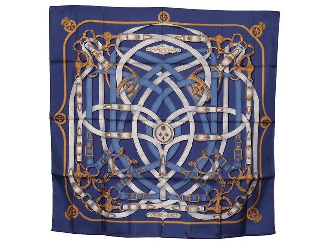 Hermès HERMES Carre 90 Seidentuch Blau Weiß "CAVALCADOUR" Auth ki6864M