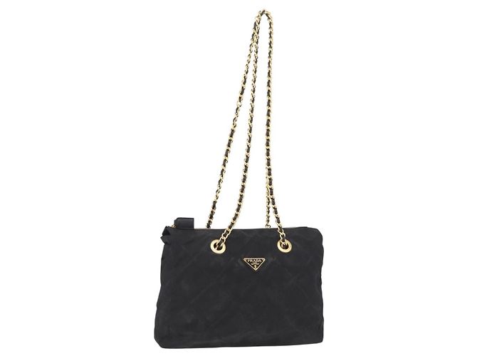 Borsa a tracolla con catena PRADA Nylon Black Gold Auth ar14310A Nero D'oro