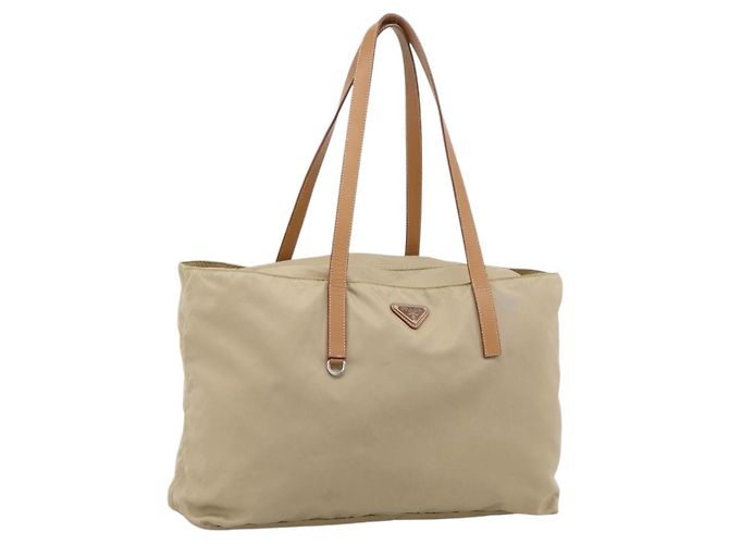 Sac Tote PRADA Nylon Beige Silver Auth 206281A Argenté