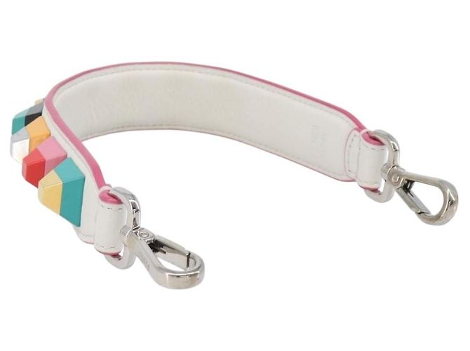 FENDI Strap You Shoulder Strap Leather 15.2"" White Silver Auth bs37389 Silvery