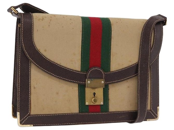 Bolsa de Ombro GUCCI Web Sherry Line Canvas Beige Gold Auth ep16256 Bege Dourado
