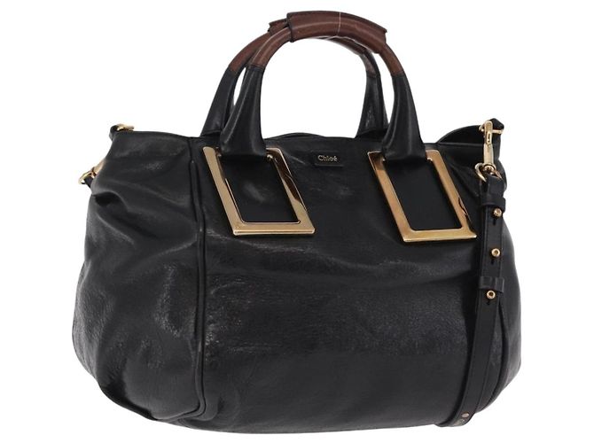 Chloé Bolsa Chloe Etel em couro 2way Preta Tom Dourado Auth BA15539A Preto