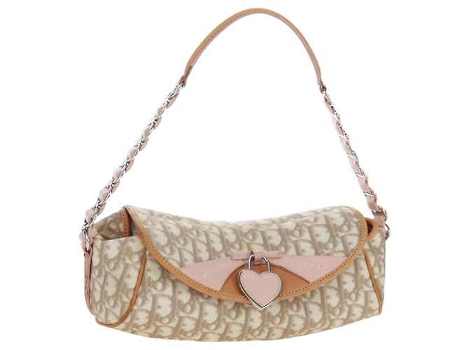 Borsa Christian Dior Trotter Canvas Romantic Chain Bag PVC Beige Argento Auth 202506SAM