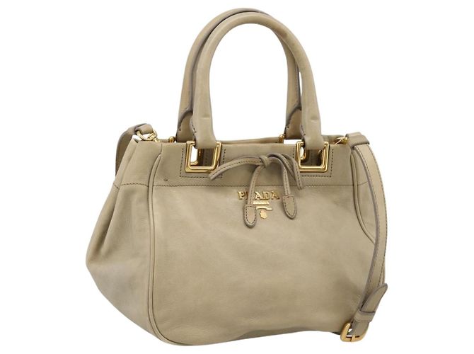 Bolsa de mão PRADA em couro 2way Bege Dourado Auth 206241A