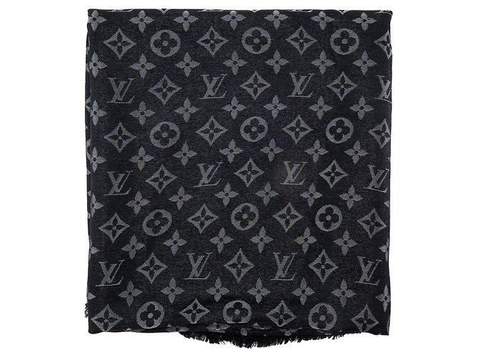 LOUIS VUITTON - Louis Vuitton Monogram Shine Schal aus schwarzer Seide und Metallicfasern